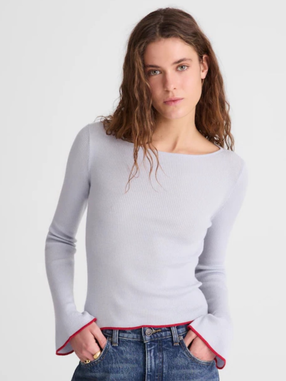 Madewell Elroy Merino Wool Silk Blend Light Blue Ribbed Boatneck Sweater